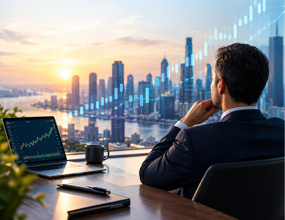 Investor reviewing market charts on a laptop overlooking a city